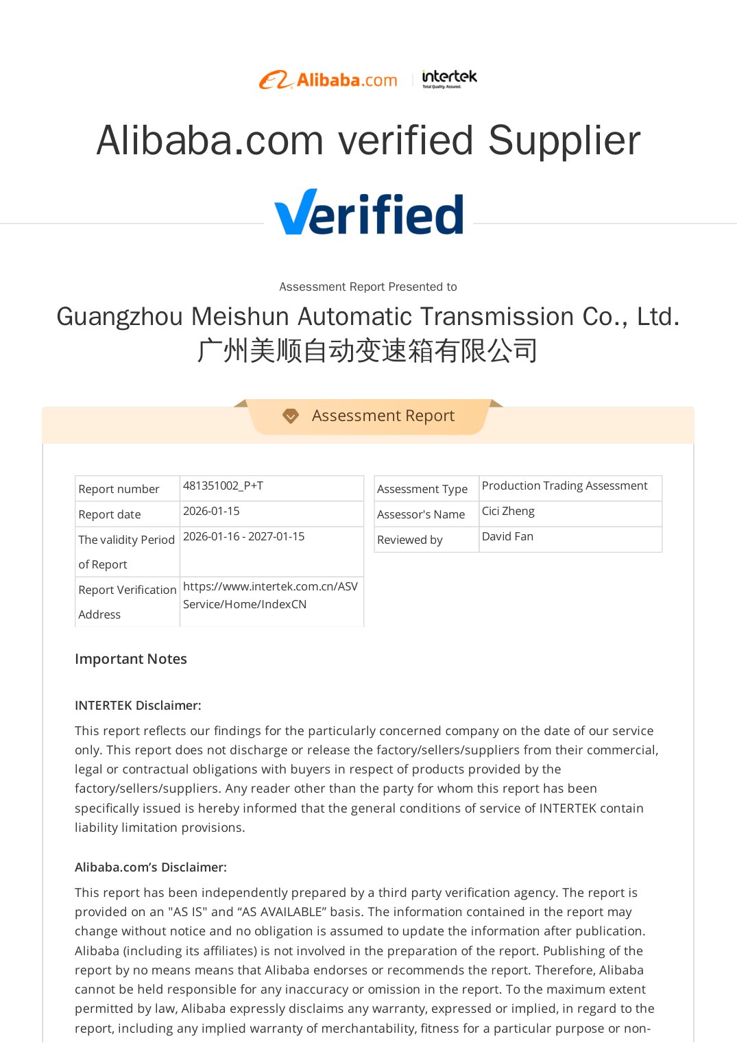 Intertek Alibaba.com verified supplier assessment report 481351002_P+T for Guangzhou Meishun Automatic Transmission